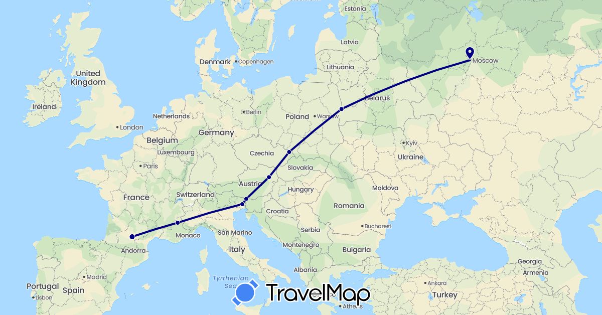 TravelMap itinerary: driving in Austria, Czech Republic, France, Italy, Poland, Russia (Europe)